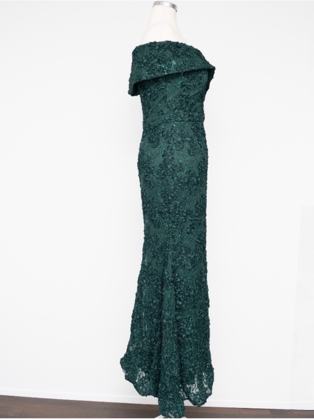 Xscape Off-Shoulder Teal Lace Evening Gown - Picture 5 of 14